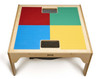 Jonti-Craft Wooden LEGO® Square Table With Dual Storage, colorful LEGO building surface on natural wood table with storage bins underneath.