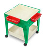 Childbrite Youth Mobile Mite Sand & Water Table, colorful plastic table with green legs, red side trays, and a white storage shelf at the bottom.