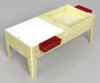 Childbrite Toddler Double Mite Sand & Water Table, yellow table with white cover, built-in sand and water play sections, and red storage bins on sides.
