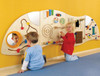 HABA Pro Sensory Learning Wall 'Right Quarter Circle' Wall Panel Toy, children playing and interacting with the sensory wall panel features such as mirrors, gears, levers, and textured elements.