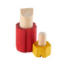 Guidecraft Screw Block Wooden Toy, colorful wooden toy with a red base, yellow block, and natural wood screw pieces for educational play.