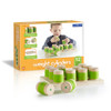 Guidecraft Weight Cylinders for Kids, educational wooden weight cylinders with green and natural wood finish on a wooden storage tray with a child's hands playing with the set.