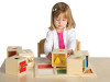 Guidecraft Peekaboo Wooden Lock Boxes - Set of 6, children playing with wooden lock boxes on a table.