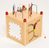 Playscapes Funny Face Island Activity Play Cube, wooden activity cube with bead mazes, train track, and colorful interactive elements for children's play and development.