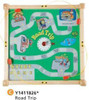 Playscapes Road Trip Square Activity Table - 18" H, children's game table with a colorful road trip theme featuring a winding road, start and finish points, and various cityscape illustrations.