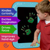 Playscapes Safari Magic Hands Heat Sensitive Wall Panel, a black wall panel with green handprint designs that change with heat from touch, suitable for children's interactive play and learning.