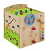 HABA Pro Multi Sensory Learning Cube, colorful wooden educational activity cube with steering wheel, gear lever, beaded maze, and a miniature road with trees and cars for sensory development.