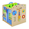 HABA Pro Multi Sensory Learning Cube, colorful educational wooden cube with various sensory activities including gears, textures, shapes, and musical elements for children's development.
