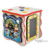 Playscapes Exploration Island Wooden Activity Cube, colorful wooden activity cube with interactive panels, steering wheel, and a chalkboard side for educational play.