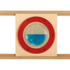 HABA Pro Wall Guide Rails for Sensory Wall Toys, close-up of circular sensory window with blue liquid inside, mounted on wooden wall panel with red frame.