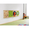 HABA Pro Glitter Rods Sensory Wall Activity Panel, colorful sensory play panel with various textured and glittery rods and objects mounted on a wooden surface in a child-friendly room.