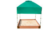 Frame It All Telescoping Square Sandbox Canopy & Cover, outdoor children's sandbox with a green canopy and beige sand, perfect for outdoor play and sun protection.