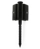 Frame It All Weathered Wood Straight Playground Border 16' - 1" Profile, close-up of the black plastic stake with a pointed end and a cylindrical top for securing and installing the border. Frame It All Weathered Wood Straight Playground Border 16' - 1" Profile, close-up of the black plastic stake with a pointed end and a cylindrical top for securing and installing the border.