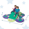 Children's Factory Butterfly Soft Play Climber, Rainbow, colorful butterfly-shaped playground climbing toy with two children sitting on it, featuring playful green and purple polka-dot patterns with dimensions of 60 inches by 52 inches and 12 inches high.