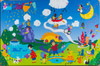 Playscapes Harmony Park Wall Mural, vibrant and colorful children's playground mural featuring kids playing on a slide, riding bikes, flying on a magic broom, swimming, and enjoying outdoor activities with imaginative elements like clouds, animals, and whimsical scenery.