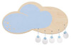HABA Pro Cloud Interactive Sensory Wall Decor, wooden cloud-shaped sensory wall panel with blue accents and hanging white and blue light bulbs for sensory play and decor.