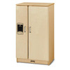 Jonti-Craft Culinary Creations Play Kitchen Toy Refrigerator, wooden mini fridge with silver handles and black decorative panel on door.