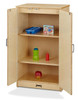 Jonti-Craft Culinary Creations Play Kitchen Toy Refrigerator, wooden toy refrigerator with open doors and shelves containing play food items like a green bottle, red ketchup, and an apple.