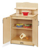 Jonti-Craft Culinary Creations Play Kitchen Cupboard, wooden toy kitchen cupboard with open doors and shelves, displaying play food and kitchen accessories.