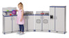 Jonti-Craft Culinary Creations Kitchen Play Sink - Rainbow Accents, a child playing with the play kitchen set including a sink, stove, and refrigerator with colorful accents.
