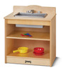Jonti-Craft Toddler Kitchen Play Sink, wooden toy kitchen with a stainless steel sink and faucet, two colorful plastic bowls and utensils on the shelves.