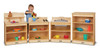 Jonti-Craft Toddler Kitchen Cupboard, a set of wooden kitchen furniture for children with shelves and toys, displayed with a child playing with a toy mixer