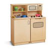 Jonti-Craft Chef’s Wooden Play Kitchen, a child's wooden play kitchen with stove, microwave, and storage cabinets, featuring toy kitchen accessories like pots and dishes.