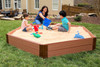 Frame It All Hexagon Sandbox with Collapsible Cover, children playing with sand toys in the outdoor sandbox. Frame It All Hexagon Sandbox with Collapsible Cover, children playing with sand toys in the outdoor sandbox.