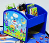 Playscapes Harmony Park Kinderbox Book & Media Browser Bin, blue kid's storage organizer with colorful park scene design on the side and books inside.