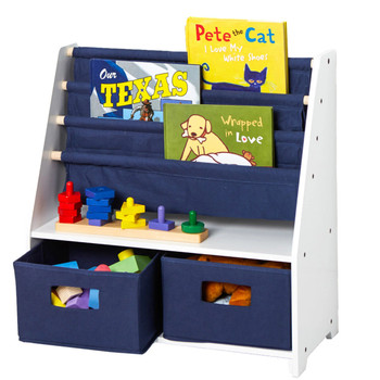 Wildkin Sling Kids Bookshelf w/ Storage - White w/ Blue Canvas - BAR00021