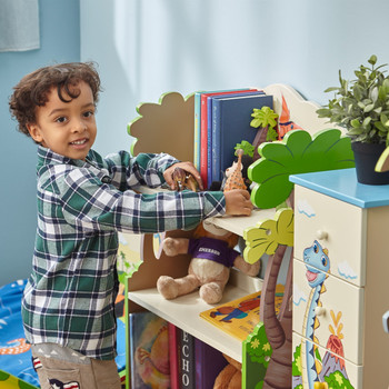 Fantasy Fields Dinosaur Kingdom Bookshelf with Storage Drawer with boy