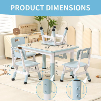 Toddler Table and Chairs, Kids Table and 4 Chairs Set with Graffiti Desktop, Height-Adjustable Kids Study Table for Boys and Gir