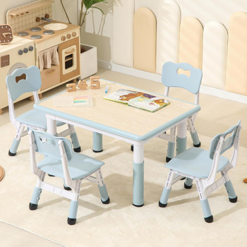 Toddler Table and Chairs, Kids Table and 4 Chairs Set with Graffiti Desktop, Height-Adjustable Kids Study Table for Boys and Gir