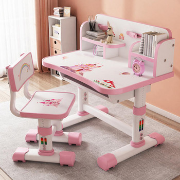 Kids Functional Liftable Sturdy Table Chair Set Adjustable Girls School Writing Study Table Chair Set Heighten Bookshelf Room