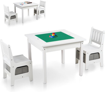 2 in 1 Wooden Activity Table w/Storage, Compatible with Lego and Duplo Bricks