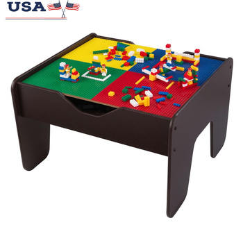 Reversible Wooden Play Table with Train Set and Building Bricks Storage Childrens Activity Table Ages 3