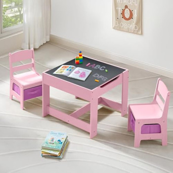 4 in 1 Wooden Kids Table with Reversible Tabletop, Pink