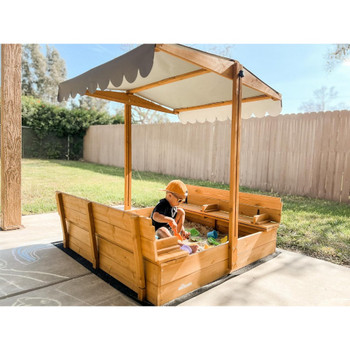 Sandbox with Lid, Sand Boxes for Kids Outdoor, 47.2 Inch Sand Pit with 2 Foldable Bench Seats, UV-Resistant & Adjustable Roof