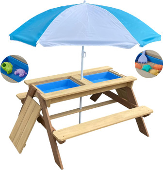 Kids 3-in-1 Sand Water Picnic Table with Umbrella