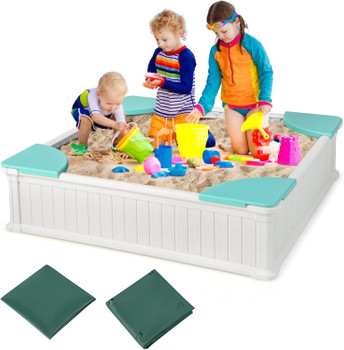 Kids White Square Sandbox with Seats & Cover