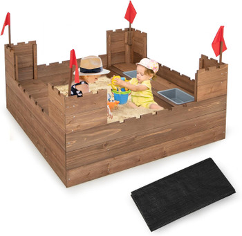 Cedar Castle Sandbox w/Built-in Bench Seats, Storage Boxes & Flags