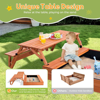 Wooden Kids Sandbox with Foldable Picnic Table & Seat 2