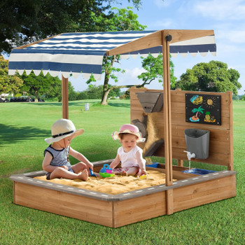 Kids Large Wooden Sandbox w/Adjustable Cover, Sand Funnel, Sink & Drawing Board