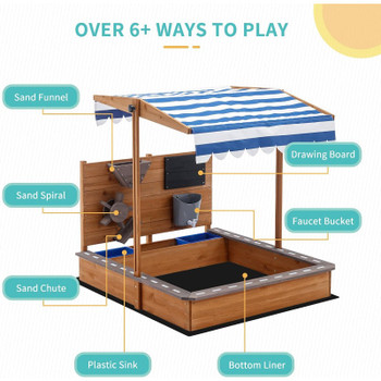 Kids Large Wooden Sandbox w/Adjustable Cover, Sand Funnel, Sink & Drawing Board 1