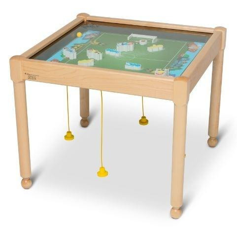 Playscapes Soccer Magnetic Sand Table, a wooden tabletop game with magnetic soccer players and a mini soccer field for interactive play.