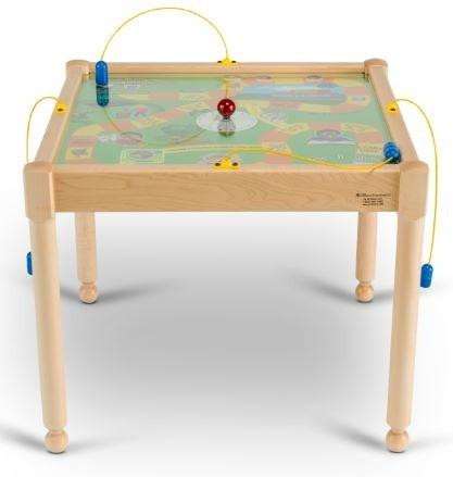 Playscapes Play-From-The-Top Healthy Race Activity Table, a wooden children's activity table with a colorful race track and ball game, featuring a smooth playing surface and four sturdy legs.