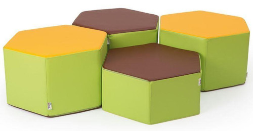Novum Honeycomb Soft Seating Set, colorful modular soft seating with green and yellow hexagonal cushions and brown top surfaces for modern lounge or office spaces.