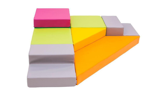 Moje Bambino Megaform II Soft Play Platform Set, colorful foam climbing blocks and slide for children's indoor play area.