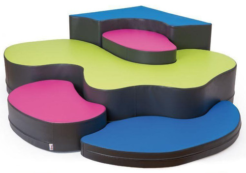 Novum Jigsaw Puzzle Corner Soft Play Climber, colorful foam climbing structure with interconnected puzzle-piece shaped soft pads in pink, green, blue, and black for children's play and activity.