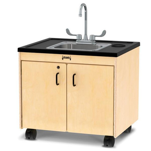 Jonti-Craft Clean Hands Helper Portable Stainless Steel Sink - 26" Counter, a compact mobile sink with a stainless steel basin, black counter top, and light wood cabinet with black handles and wheels.